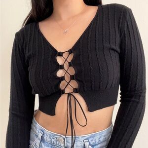 Black Lace Up Front Sweater Crop